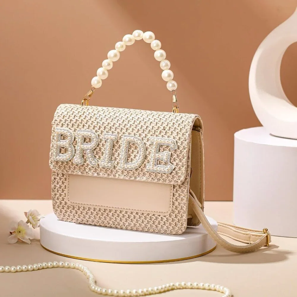 Bride Purse Straw Bag with Pearls Handle Clutch Wedding Bachelorette Gift